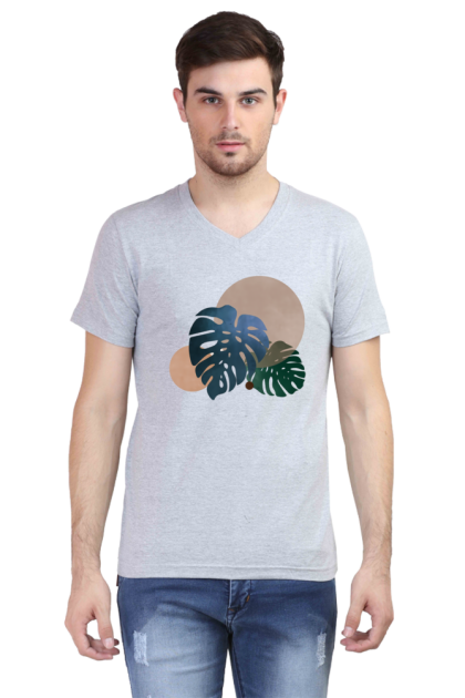 Men's V-Neck Abstract Monstera Leaves Graphic T-shirt