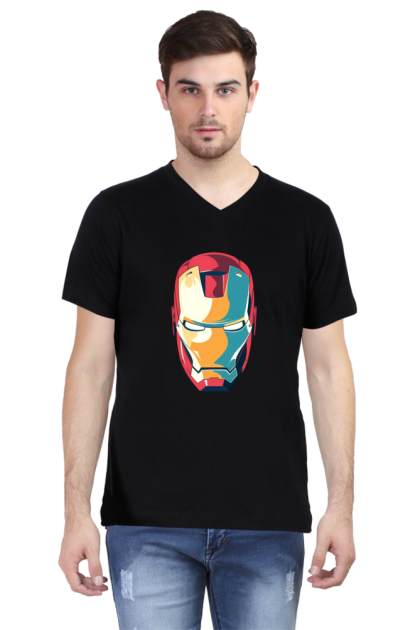 Men's V-Neck Pop Art Iron Man Mask Graphic T-shirt