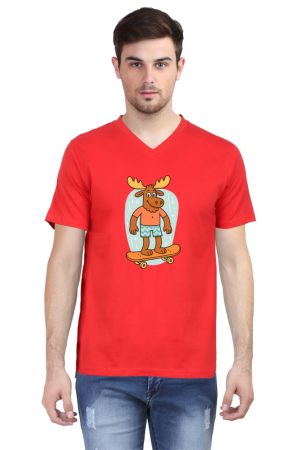 Funny Cartoon Moose Skateboarding Men's V-Neck T-Shirt - Animal Humor Tee
