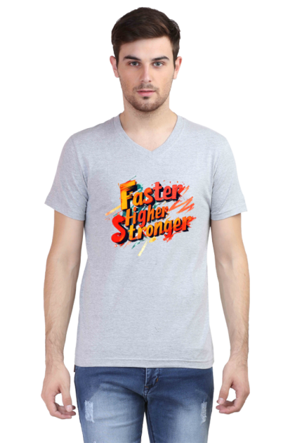 Men's V-Neck "Faster Higher Stronger" Graphic T-shirt