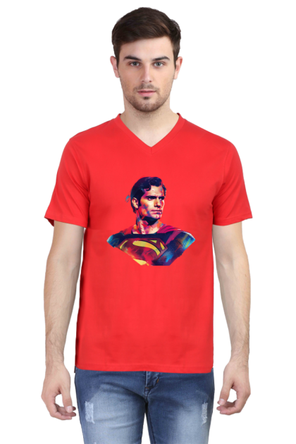 Men's V-Neck Colorful Superman Portrait Graphic T-shirt