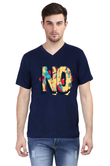 Men's V-Neck Distressed Colorful "NO" Graphic T-shirt