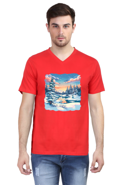 Men's V-Neck Winter Snow Landscape Graphic T-shirt