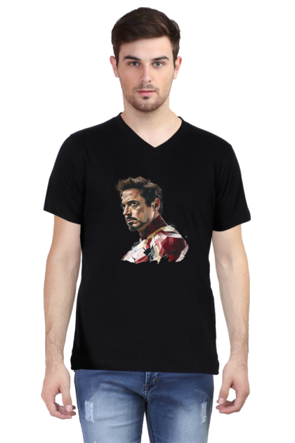Men's V-Neck Colorful Tony Stark Portrait Graphic T-shirt