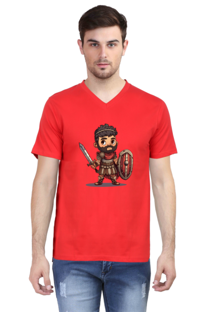 Men's V-Neck Cartoon Spartan Warrior Graphic T-shirt