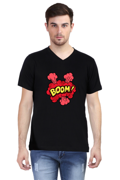 Men's V-Neck Comic Style "BOOM!" Cloud Graphic T-shirt