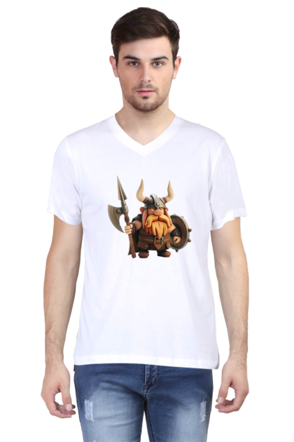 Men's V-Neck Cartoon Viking Warrior Graphic T-shirt