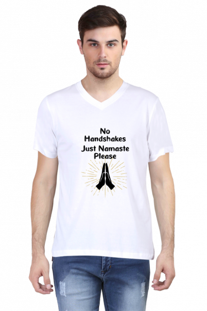 Men's White V-Neck "No Handshakes Just Namaste" Graphic T-shirt