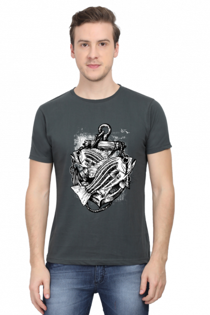 Men's Nautical Fish and Anchor Crew Neck T-shirt