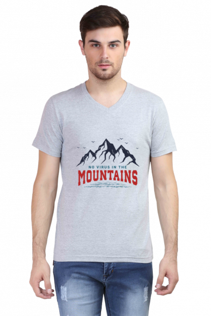 Men's White V-Neck "No Virus In The Mountains" Graphic T-shirt