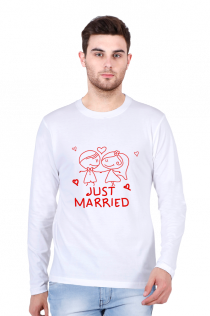 Men's Full-Sleeve "Just Married" Couple Graphic T-shirt