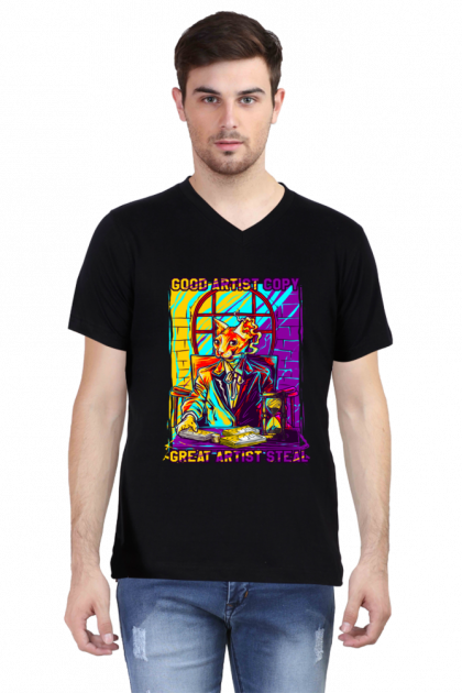 Men's V-Neck "Good Artists Copy Great Artists Steal" Cat DJ T-shirt