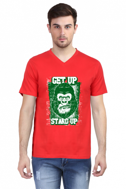 Men's Black V-Neck "Get Up Stand Up" Gorilla Graphic T-shirt