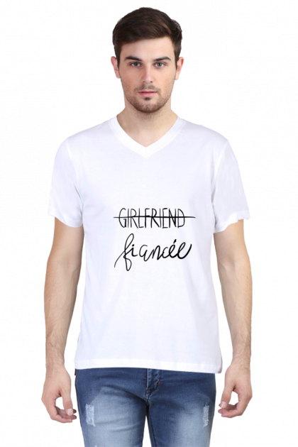 Men's White V-Neck "Girlfriend Strikethrough Fiancee" Graphic T-shirt