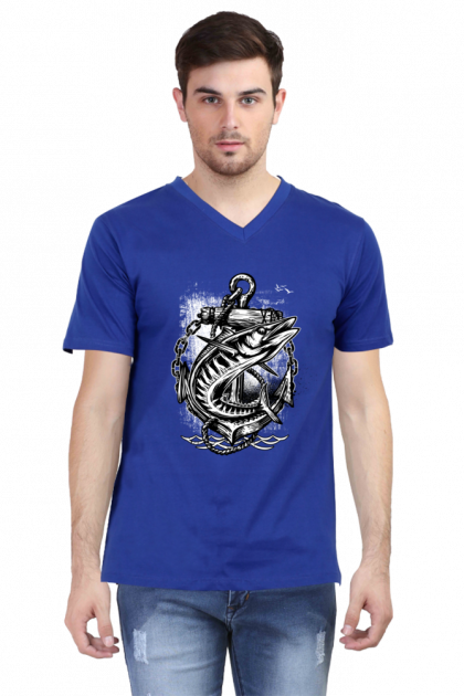 Men's Marlin Fish & Anchor Nautical V-Neck T-shirt