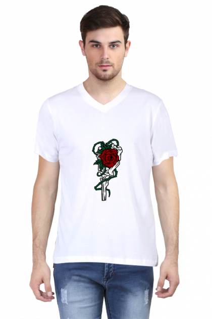 Men's Skeleton Hand Rose V-Neck T-shirt