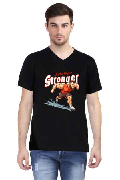 Men's V-Neck "Faster Higher Stronger" Running Strongman Graphic T-shirt