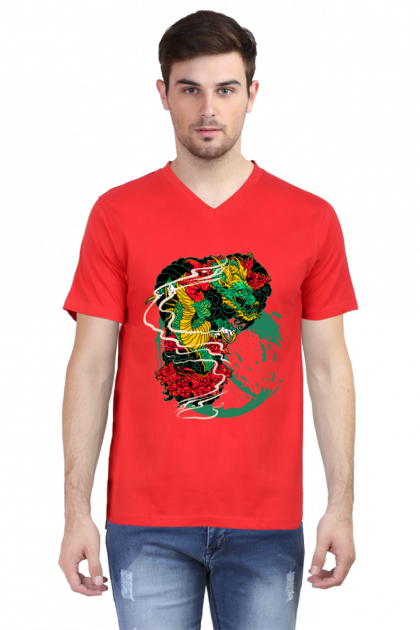 Men's V-Neck Japanese Dragon and Phoenix Graphic T-shirt