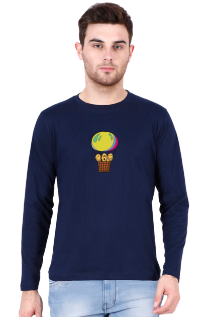 Men's Full Sleeve Smiley Face Hot Air Balloon Graphic T-shirt