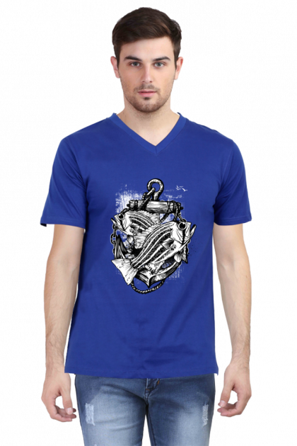 Men's Freshwater Fish & Anchor Nautical V-Neck T-shirt