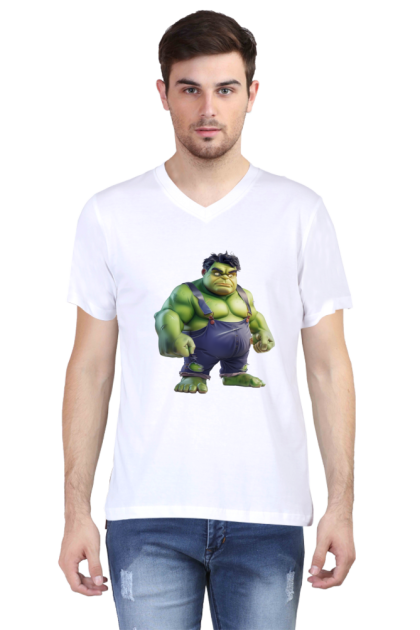 Men's V-Neck Cartoon Hulk in Overalls Graphic T-shirt