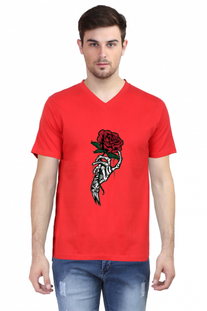 Men's White V-Neck Skeleton Hand Holding Rose Graphic T-shirt