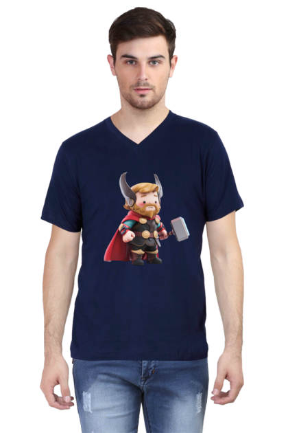 Men's V-Neck Cartoon Thor with Mjolnir Graphic T-shirt