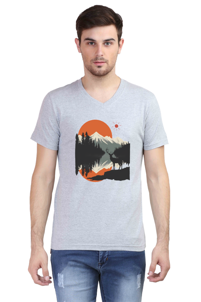 Men's V-Neck Deer Mountain Sunset Landscape Graphic T-shirt