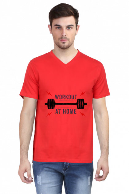 Men's White V-Neck "Workout At Home" Graphic T-shirt