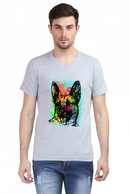 Men's Black V-Neck Colorful German Shepherd Graphic T-shirt