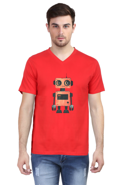 Men's V-Neck Cute Cartoon Robot Graphic T-shirt
