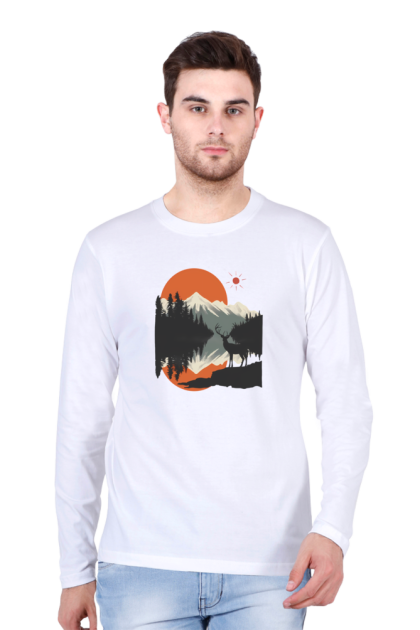 Men's Full Sleeve Mountain Deer Landscape Graphic T-shirt