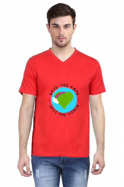 Men's V-Neck "Save The Arts Save The World" Heart T-shirt