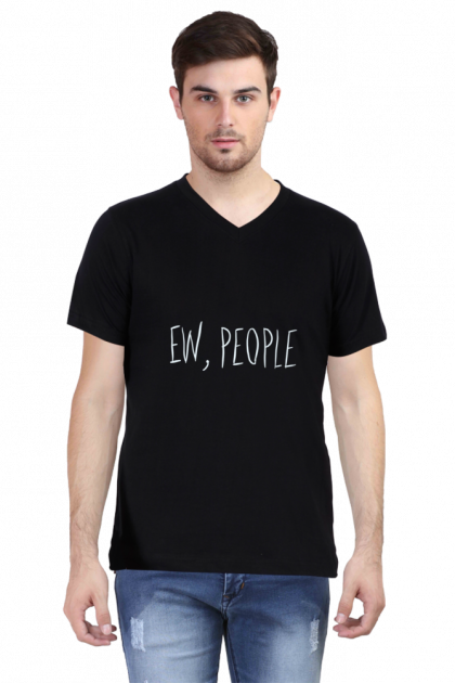 Men's Black V-Neck "Ew, People" Humorous T-shirt
