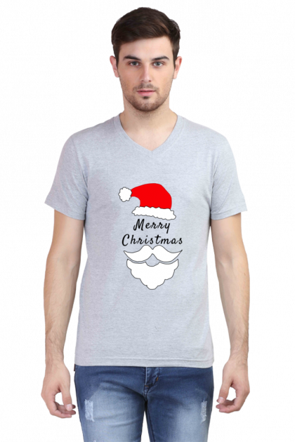 Men's White V-Neck Merry Christmas Santa Graphic T-shirt