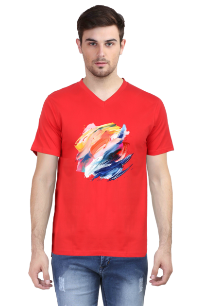 Men's V-Neck Abstract Colorful Brushstroke Cluster Graphic T-shirt