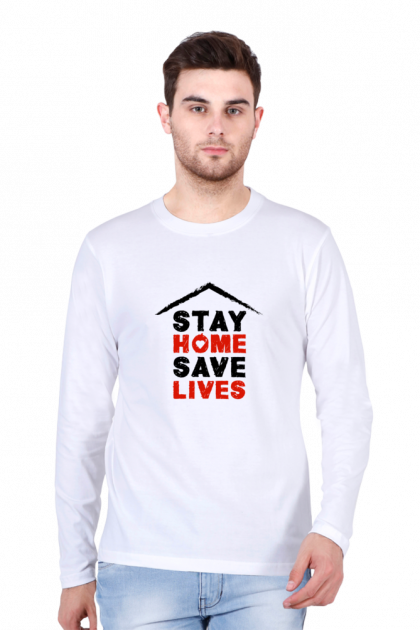 Men's Full-Sleeve "Stay Home Save Lives" Graphic T-shirt