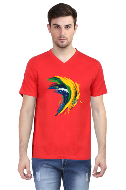 Men's V-Neck Abstract Brazil Flag Graphic T-shirt