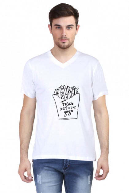 Men's White V-Neck "Fries Before Guys" Graphic T-shirt