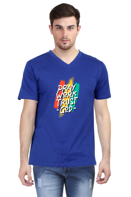 Men's V-Neck "Pray Work Trust God" Graphic T-shirt