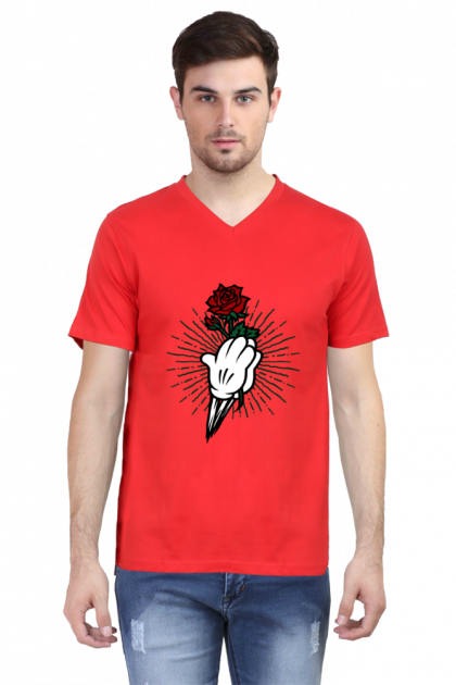 Men's White V-Neck Cartoon Hand Holding Rose Graphic T-shirt