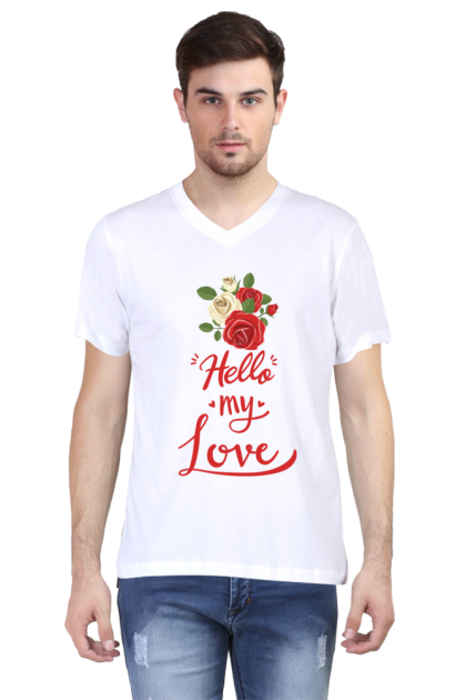 Men's V-Neck "Hello My Love" Roses Graphic T-shirt