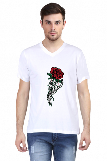 Men's White V-Neck Skeleton Hand Holding Rose Graphic T-shirt