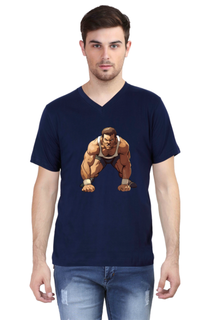 Men's V-Neck Cartoon Powerful Wrestler Graphic T-shirt