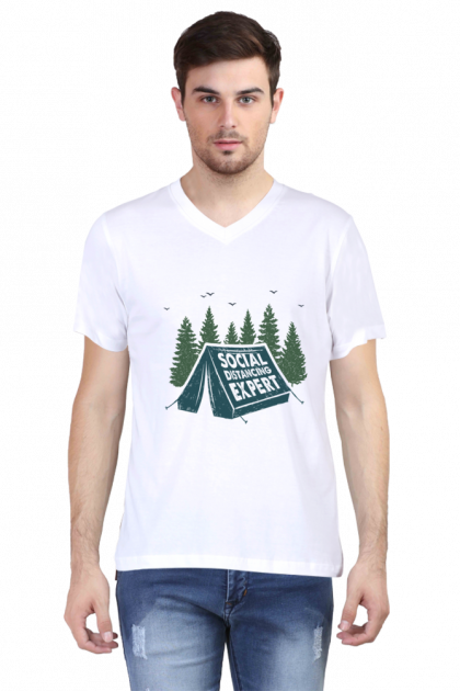 Men's White V-Neck "Social Distancing Expert" Camping T-shirt