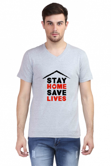 Men's V-Neck "Stay Home Save Lives" Graphic T-shirt