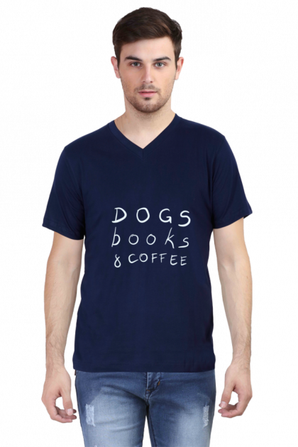 Men's Blue V-Neck "Dogs Books & Coffee" T-shirt