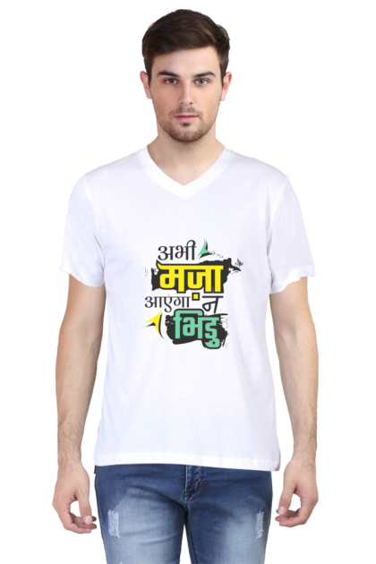 Men's V-Neck Hindi "Abhi Maza Ayega Na Bhidu" Graphic T-shirt