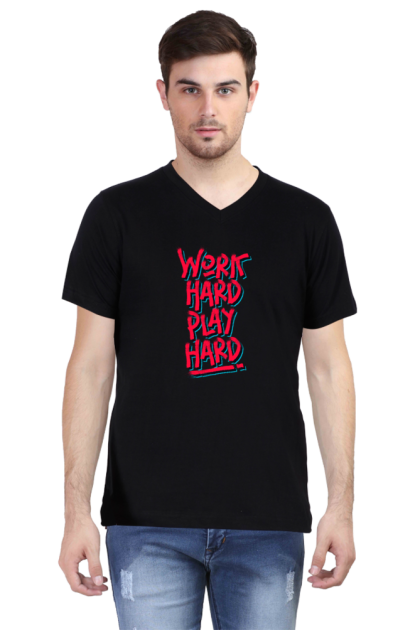 Men's V-Neck "Work Hard Play Hard" Graphic T-shirt