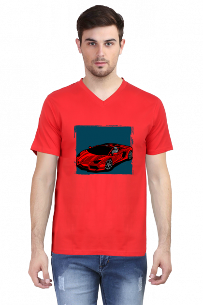 Men's White V-Neck Red Sports Car Graphic T-shirt